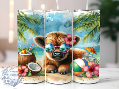 Summer Highland Cow 20oz Skinny Tumbler, Hawaiian Beach Tumbler Png, Straight & Tapered Tumbler Wrap, Instant Digital Download Sublimation ToriDesigns 