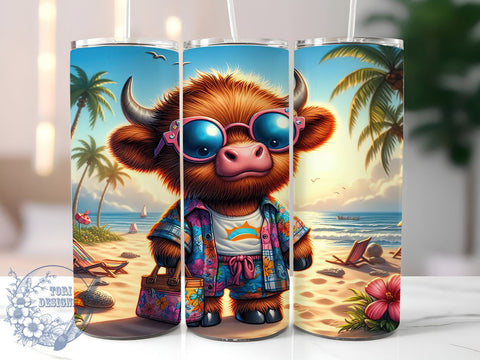 Summer Highland Cow 20oz Skinny Tumbler PNG, Highland Cow Tumbler Sublimation Wrap, Straight & Tapered Tumbler Wrap, Instant Digital Download Sublimation ToriDesigns 