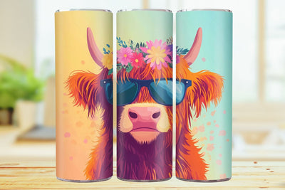 Summer Highland Cow 20oz Skinny Tumbler Wrap Sublimation Design. Sublimation CosmosFineArt 