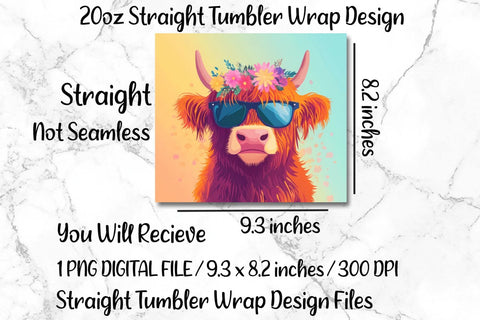 Summer Highland Cow 20oz Skinny Tumbler Wrap Sublimation Design. Sublimation CosmosFineArt 