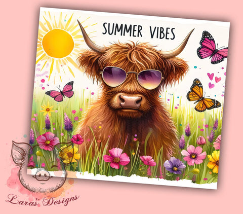 Summer Highland Cow 20oz Tumbler Png, Straight & Tapered Tumbler Png, Summer Vibes Tumbler Png, Digital Download PNG Sublimation Lara' s Designs 