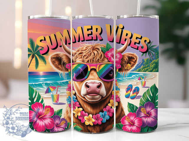 Summer Highland Cow 20oz Tumbler, Summer Vibes Wrap, Colorful Sunglasses Design, Floral Cow Wrap, Sublimation Wrap, 20oz Tumbler Design, PNG Tumbler Wrap Sublimation ToriDesigns 