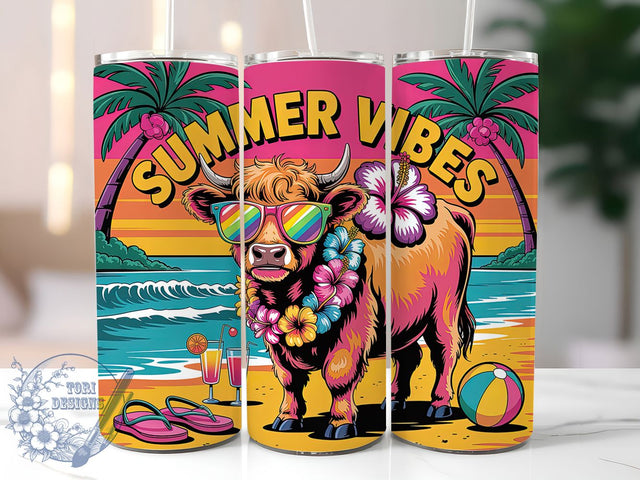 Summer Highland Cow 20oz Tumbler, Summer Vibes Wrap, Colorful Sunglasses Design, Floral Cow Wrap, Sublimation Wrap, 20oz Tumbler Design, PNG Tumbler Wrap Sublimation ToriDesigns 