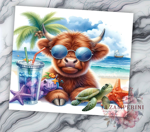 Summer Highland Cow 20oz Tumbler Wrap PNG, Highland Cow Tumbler PNG Sublimation Design, Straight & Tapered Tumbler Wrap, Instant Digital Download Sublimation Li Zamperini 