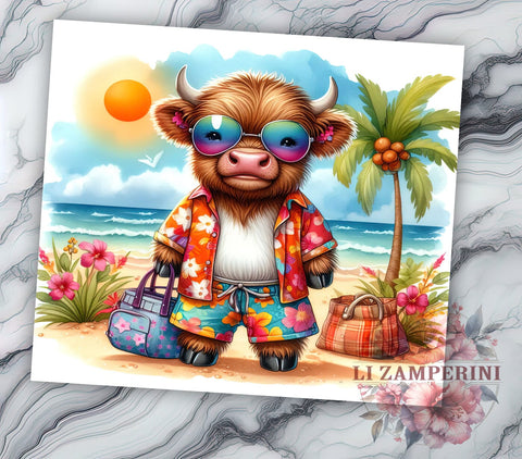Summer Highland Cow 20oz Tumbler Wrap PNG, Highland Cow Tumbler PNG Sublimation Design, Straight & Tapered Tumbler Wrap, Instant Digital Download Sublimation Li Zamperini 