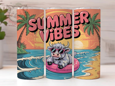 Summer Highland Cow Retro 20oz Tumbler, Highland Cow, Retro Vintage, Cartoon Style, Shaggy Fur, 20oz Tumbler Wrap, Sublimation PNG Sublimation Lara' s Designs 