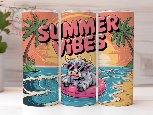 Summer Highland Cow Retro 20oz Tumbler, Highland Cow, Retro Vintage, Cartoon Style, Shaggy Fur, 20oz Tumbler Wrap, Sublimation PNG Sublimation Lara' s Designs 