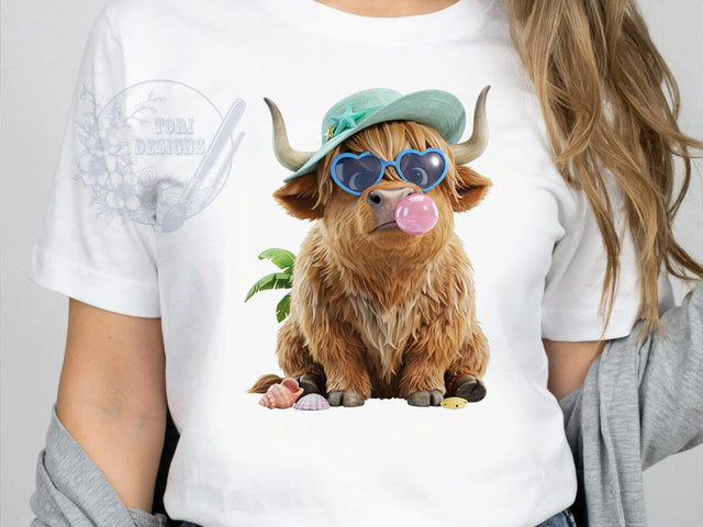 Summer Highland Cow T-Shirt PNG, Highland Cow, Beach Cow, Cute Farm Animal, Sublimation PNG, Tropical Style, Country Summer Sublimation ToriDesigns 