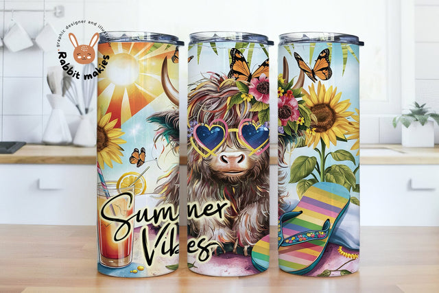 Summer Highland Cow Tumbler Wrap, 20oz Skinny Sublimation Tumbler Design, Summer Vibes Tumbler Wrap Png, Tropical Cow Tumbler Sublimation Rabbitmakies 