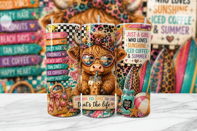 Summer Highland Cow Tumbler Wrap PNG Sublimation BijouBay 