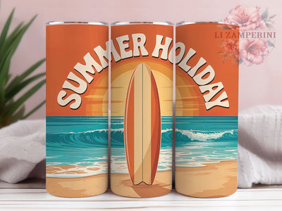 Summer Holiday Beach 20oz Tumbler, Summer Holiday Phrase, Vintage Sun-Soaked Beach Scene, Sublimation Tumbler Wrap, 20oz Tumbler, Fun Summer Gift, Tropical Coastal Style Sublimation Li Zamperini 
