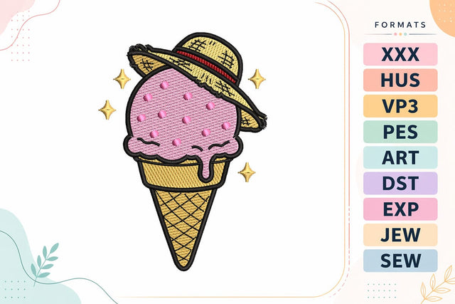Summer Ice Cream with Straw Hat Cute Kawaii Dessert Embroidery Design Embroidery/Applique DESIGNS sg embroidery 