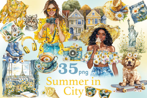 Summer In City Clipart | Daisies PNG SVG GlamArtZhanna 