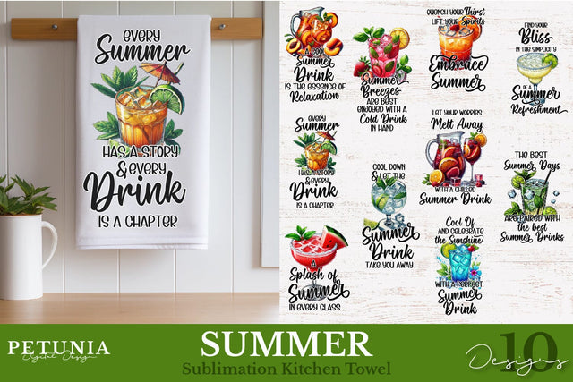 Summer Kitchen Towel Sublimation Designs | Summer Drinks Sublimation Petunia Digital Design 