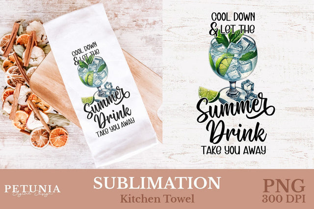Summer Kitchen Towel Sublimation | Drink Cocktail PNG Sublimation Petunia Digital Design 