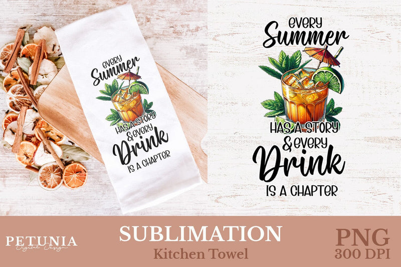 Summer Kitchen Towel Sublimation | Drink Cocktail PNG Sublimation Petunia Digital Design 