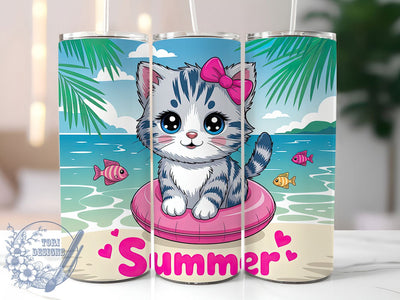 Summer Kitten Beach 20oz Tumbler, Cute Beach Cat, Sublimation Tumbler Wrap, 20oz Tumbler, Tropical Vacation Theme, Adorable Animal Gift, Fun Summer Aesthetic Sublimation ToriDesigns 