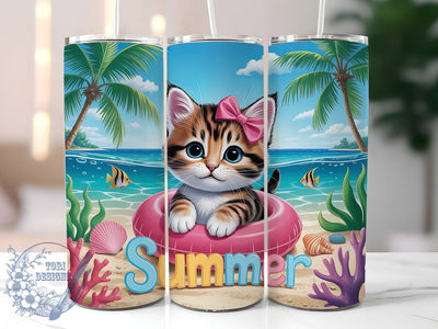 Summer Kitten Beach 20oz Tumbler, Cute Beach Cat, Sublimation Tumbler Wrap, 20oz Tumbler, Tropical Vacation Theme, Adorable Animal Gift, Fun Summer Aesthetic Sublimation ToriDesigns 