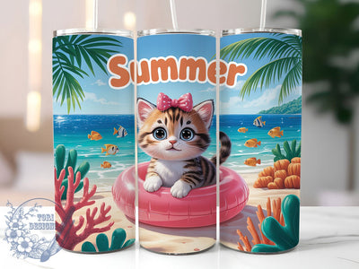 Summer Kitten Beach 20oz Tumbler, Cute Beach Cat, Sublimation Tumbler Wrap, 20oz Tumbler, Tropical Vacation Theme, Adorable Animal Gift, Fun Summer Aesthetic Sublimation ToriDesigns 
