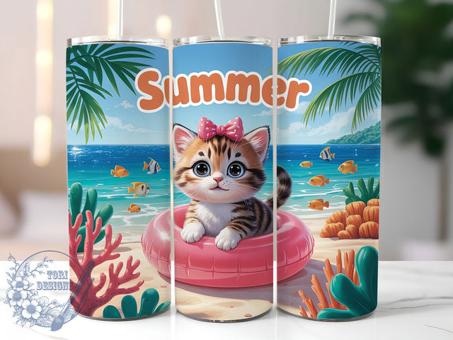Summer Kitten Beach 20oz Tumbler, Cute Beach Cat, Sublimation Tumbler Wrap, 20oz Tumbler, Tropical Vacation Theme, Adorable Animal Gift, Fun Summer Aesthetic Sublimation ToriDesigns 