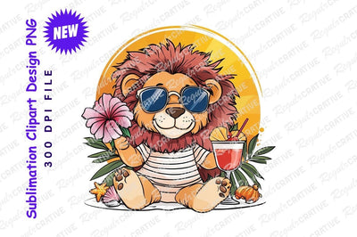 Summer lion enjoying cocktail and flower clipart png Sublimation Regulrcrative 