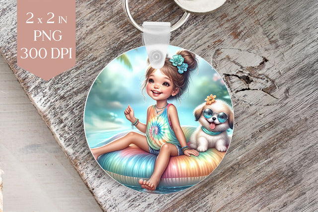 Summer Pool Girl and Puppy Keychain PNG Sublimation BijouBay 
