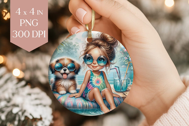 Summer Pool Girl and Puppy Ornament PNG Sublimation Sublimation BijouBay 