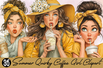Summer Quirky Coffee Girl Clipart Bundle. Sublimation SVGArt 