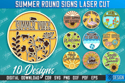 Summer Round Signs Laser Cut Bundle | Summer Vibe Design | Signs Inscription Design SVG Fly Design 