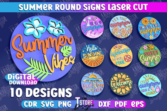 Summer Round Signs Laser Cut Bundle | Summer Vibe Design | Signs Inscription Design SVG The T Store Design 