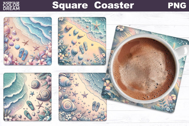 Summer Sea Wave Square Coaster | Tropical Beach Coaster Sublimation WatercolorColorDream 