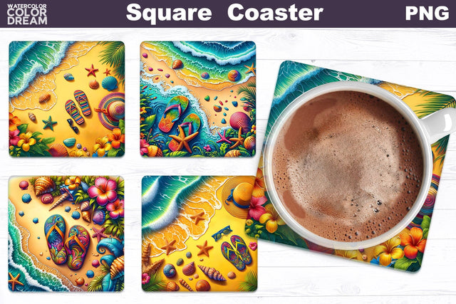 Summer Sea Wave Square Coaster | Tropical Beach Coaster Sublimation WatercolorColorDream 