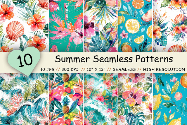 Summer Seamless Patterns Digital Paper, Tropical Floral Bundle Pack, Printable Scrapbook Paper, Bright Paradise Botanical Design Collection Digital Pattern FloridPrintables 