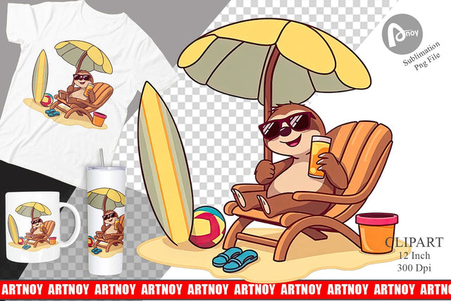 Summer Sloth Clipart Sublimation artnoy 