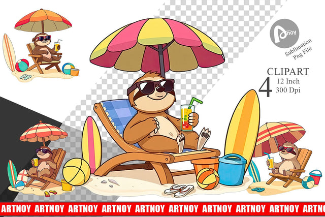 Summer Sloth Clipart Sublimation artnoy 