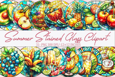 Summer Stained Glass Clipart Bundle. Sublimation SVGArt 