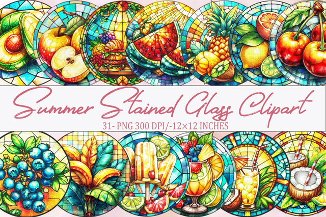 Summer Stained Glass Clipart Bundle. Sublimation SVGArt 