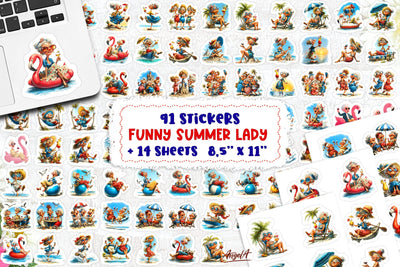 Summer Stickers Bundle Vacation sticker sheet Elderly Lady Sublimation Angelina Semenova 
