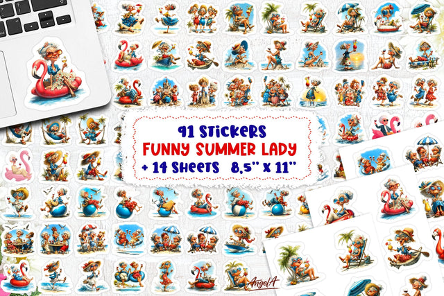 Summer Stickers Bundle Vacation sticker sheet Elderly Lady Sublimation Angelina Semenova 
