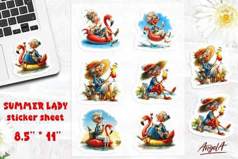 Summer Stickers Bundle Vacation sticker sheet Elderly Lady Sublimation Angelina Semenova 