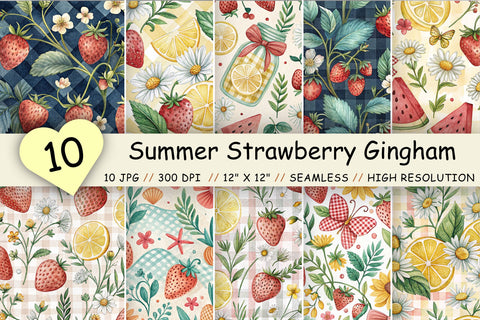 Summer Strawberry Gingham Digital Paper, Seamless Watercolor Fruit Pattern Pack, Printable Scrapbook Paper, Bright Season Design Bundle Digital Pattern FloridPrintables 