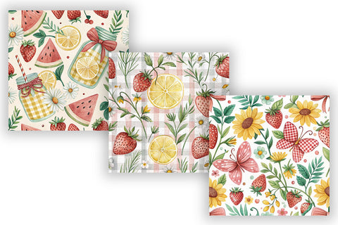 Summer Strawberry Gingham Digital Paper, Seamless Watercolor Fruit Pattern Pack, Printable Scrapbook Paper, Bright Season Design Bundle Digital Pattern FloridPrintables 