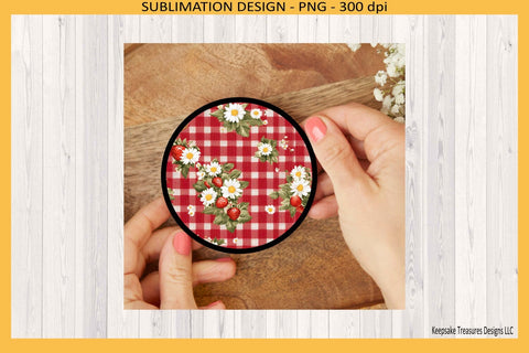 Summer Strawberry Round Coasters Digital Template, Strawberry Gingham Sublimation Png Sublimation Keepsake Treasures Designs LLC. 