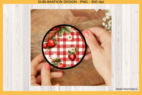 Summer Strawberry Round Coasters Digital Template, Strawberry Gingham Sublimation Png Sublimation Keepsake Treasures Designs LLC. 