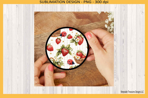 Summer Strawberry Round Coasters Digital Template, Strawberry Gingham Sublimation Png Sublimation Keepsake Treasures Designs LLC. 