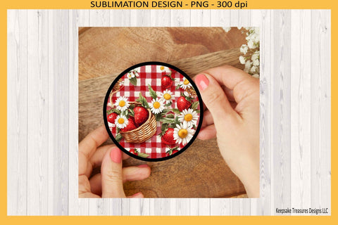 Summer Strawberry Round Coasters Digital Template, Strawberry Gingham Sublimation Png Sublimation Keepsake Treasures Designs LLC. 