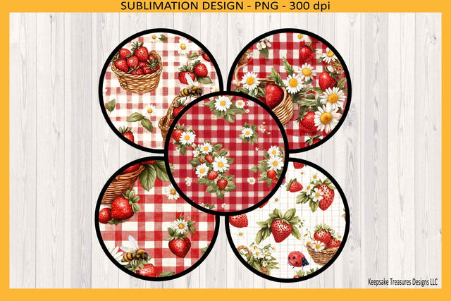 Summer Strawberry Round Coasters Digital Template, Strawberry Gingham Sublimation Png Sublimation Keepsake Treasures Designs LLC. 
