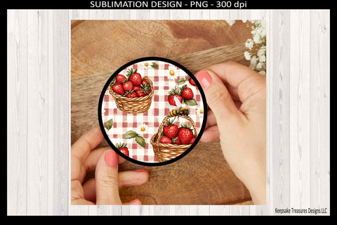 Summer Strawberry Round Coasters Digital Template, Strawberry Gingham Sublimation Png Sublimation Keepsake Treasures Designs LLC. 