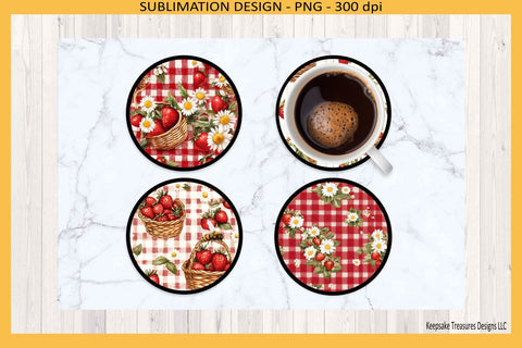 Summer Strawberry Round Coasters Digital Template, Strawberry Gingham Sublimation Png Sublimation Keepsake Treasures Designs LLC. 