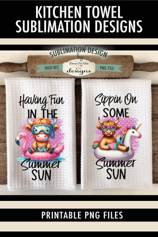 Summer Sun Highland Cow Floating - Sublimation Kitchen Towel Sublimation Ewe-N-Me Designs 